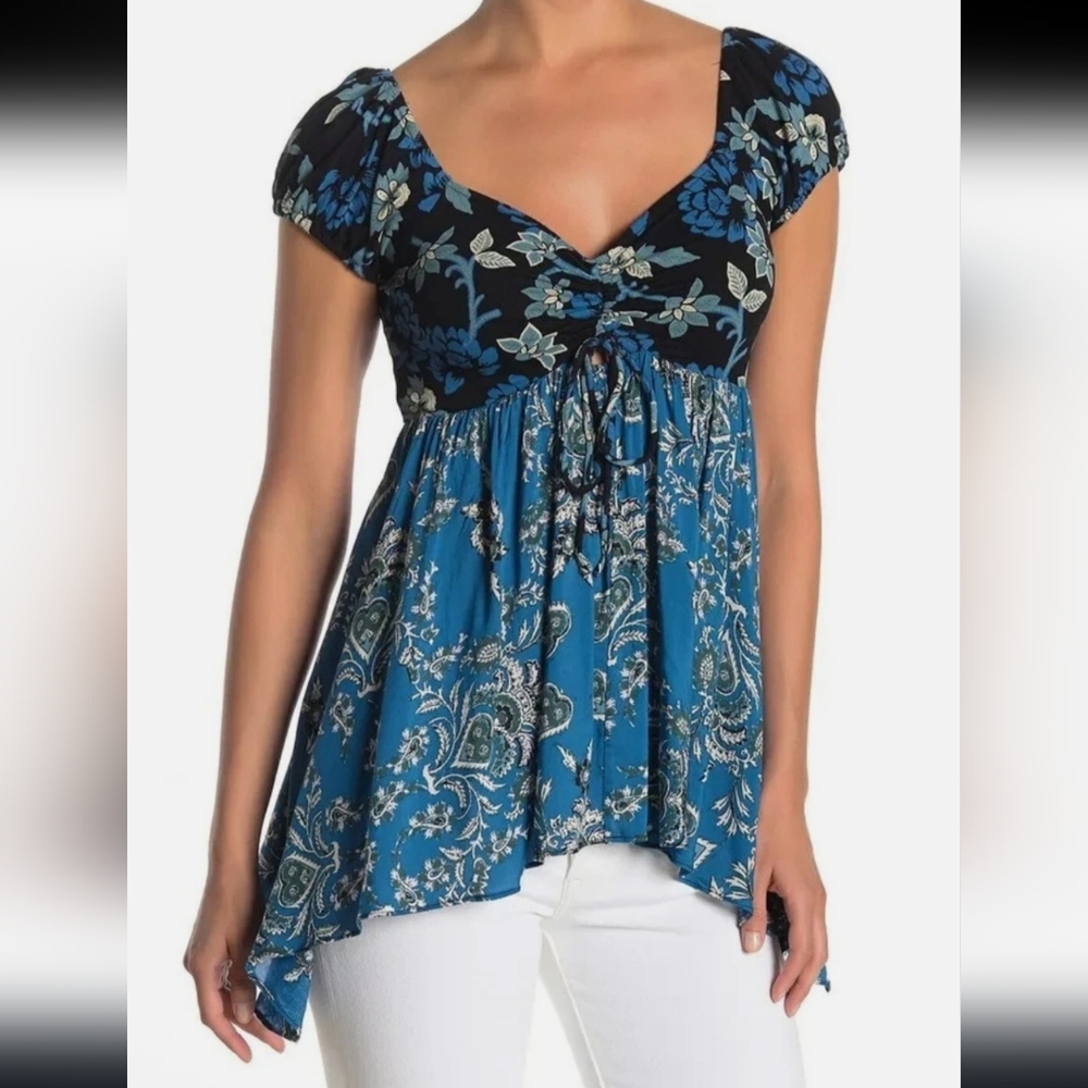 Free People La Bamba Babydoll Floral Blue Women's Top Size Medium